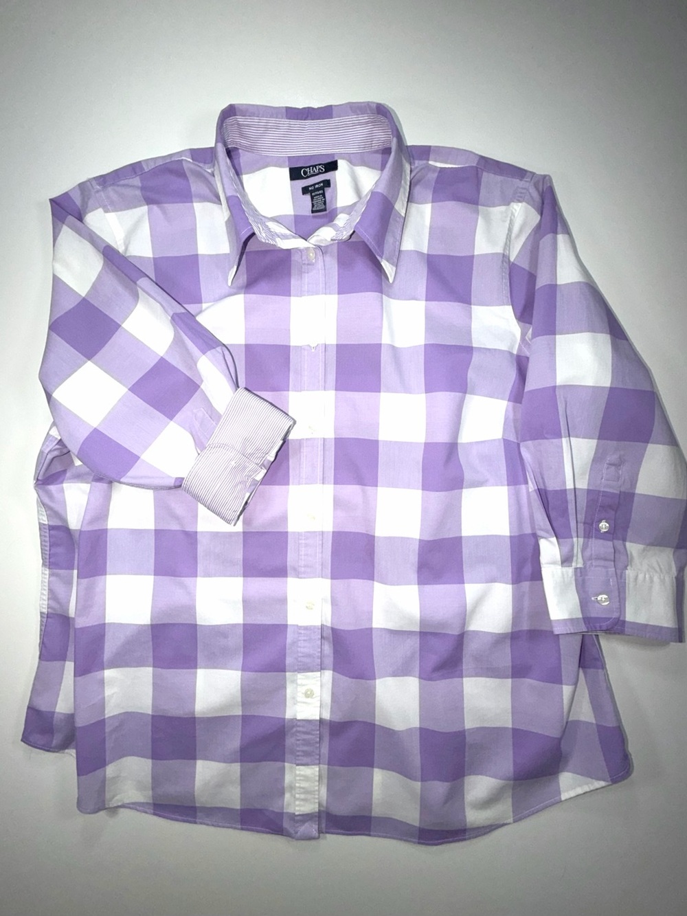 Chaps NO IRON 100% Cotton Button Up Shirt 3/4 Sleeve Purple White Womens Sz 1X - Picture 4 of 11